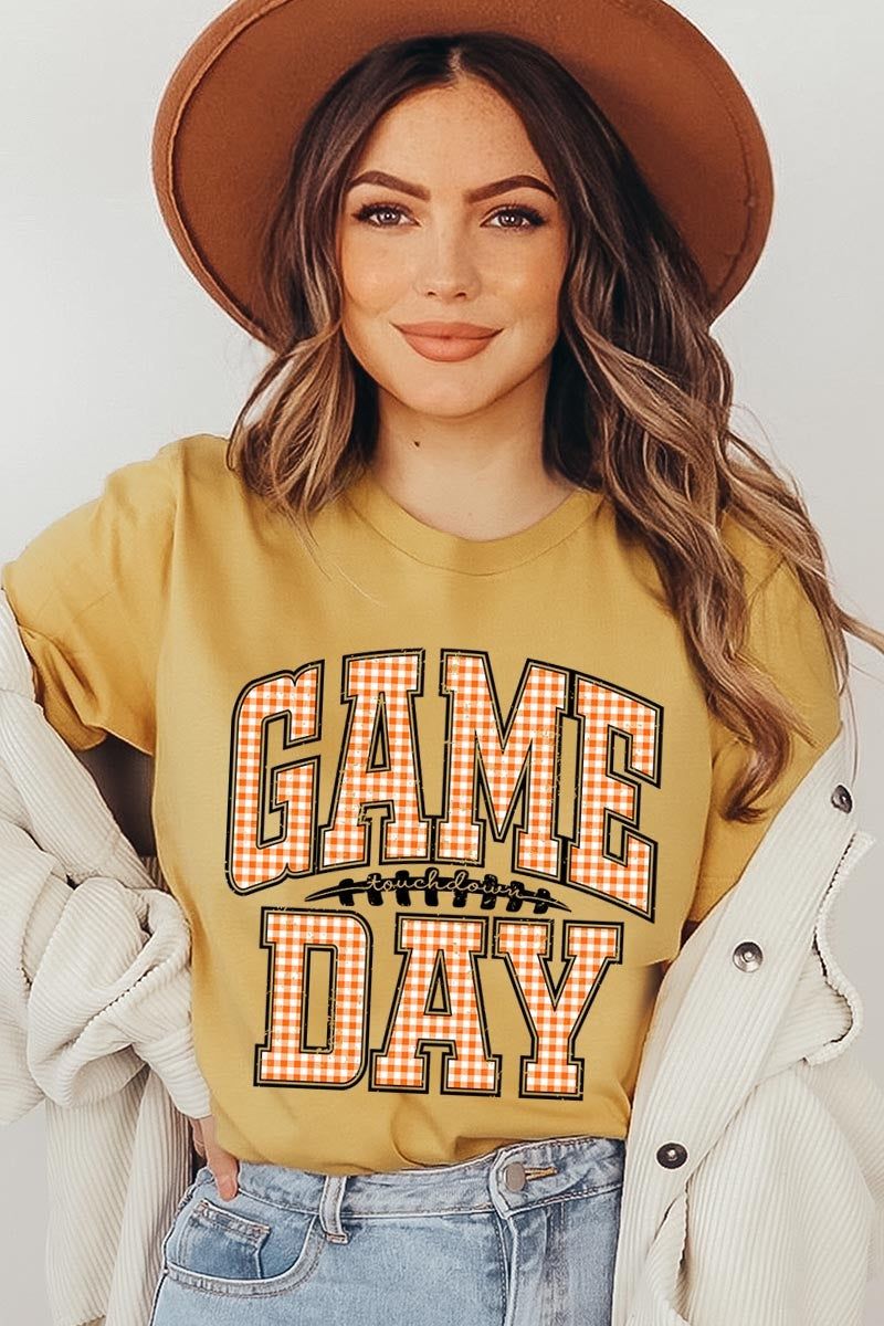 US3001P-E3129 Orange Gingham Game Day Graphic Plus Tee $16