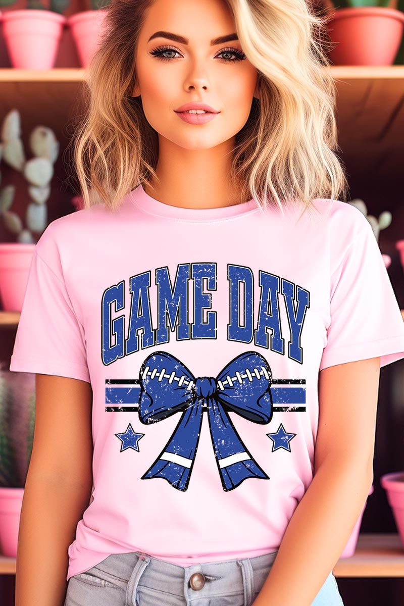 US3001P-E3065 Blue Game Day Football Bow Graphic Plus Tee $16