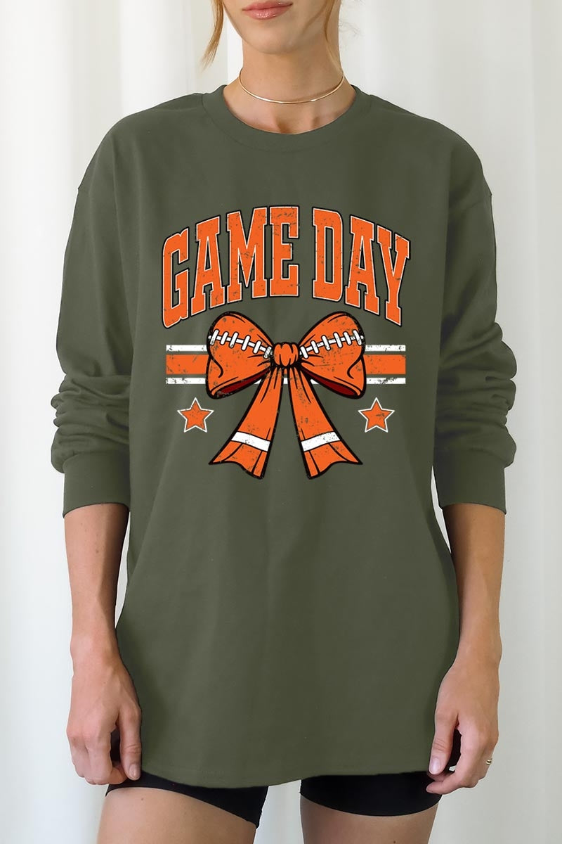 UL240P-E3064 Orange Game Day Football Bow Plus Long Sleeve Tee $17