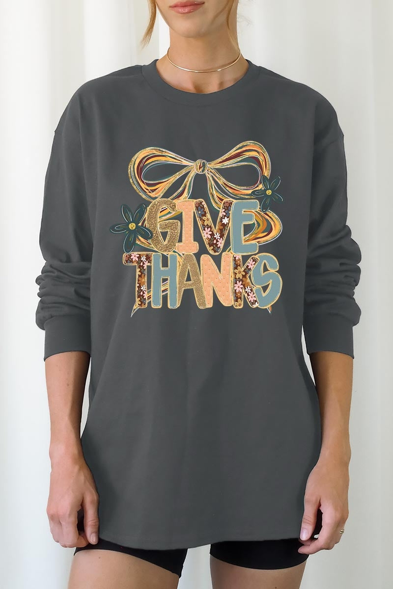 UL240P-E3154 Give Thanks Bow Graphic Plus Long Sleeve Tee $17