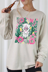 UL240P-E3086 Western Floral Cow Skull Graphic Plus Long Sleeve Tee $17
