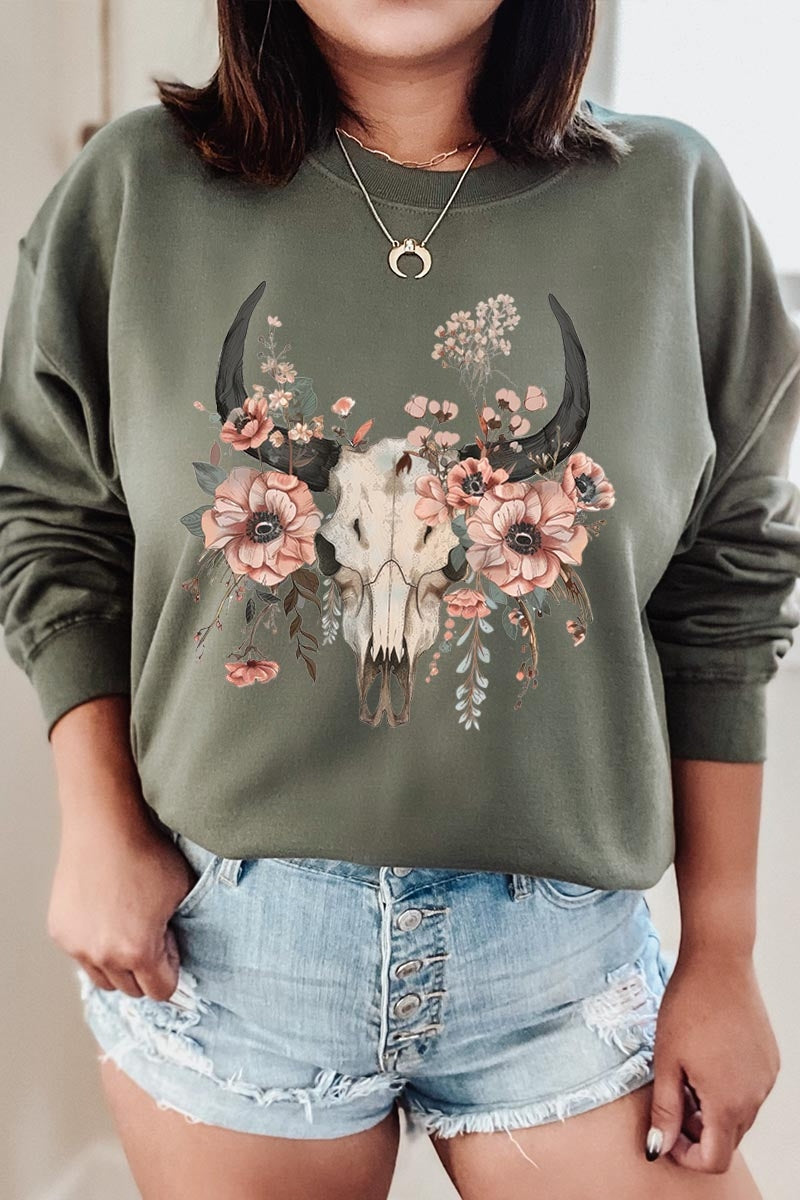 UL180P-E3113 Western Skull Floral Graphic Plus Sweatshirt $25
