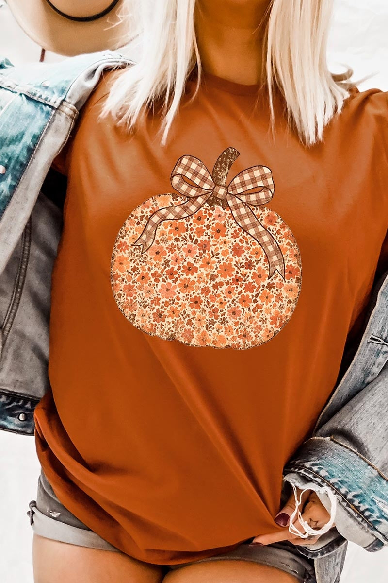 US3001-E3135 Floral Fall Pumpkin Graphic Tee $12.5