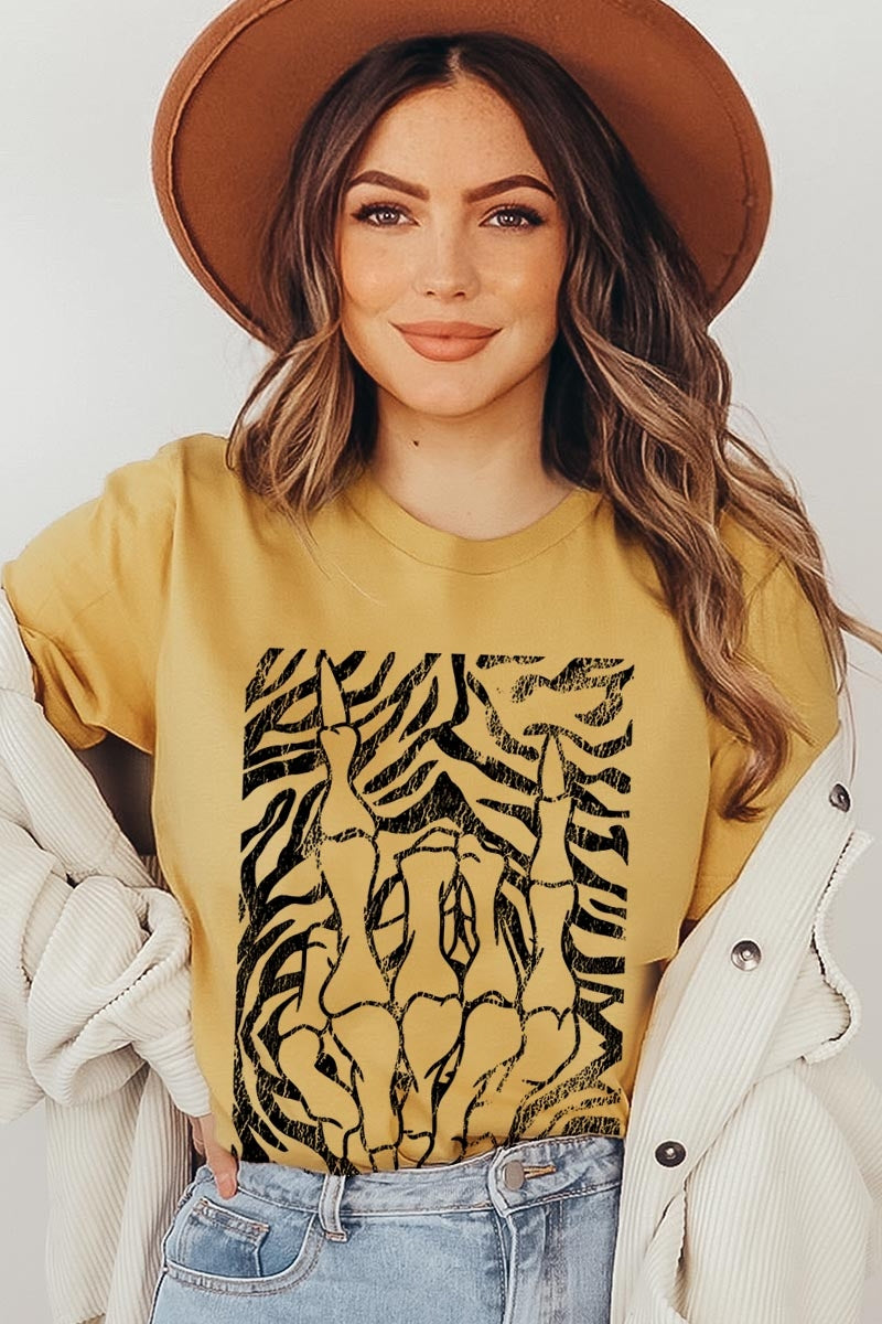 US3001-E3177 Skeleton Hands Zebra Graphic Tee $12.5
