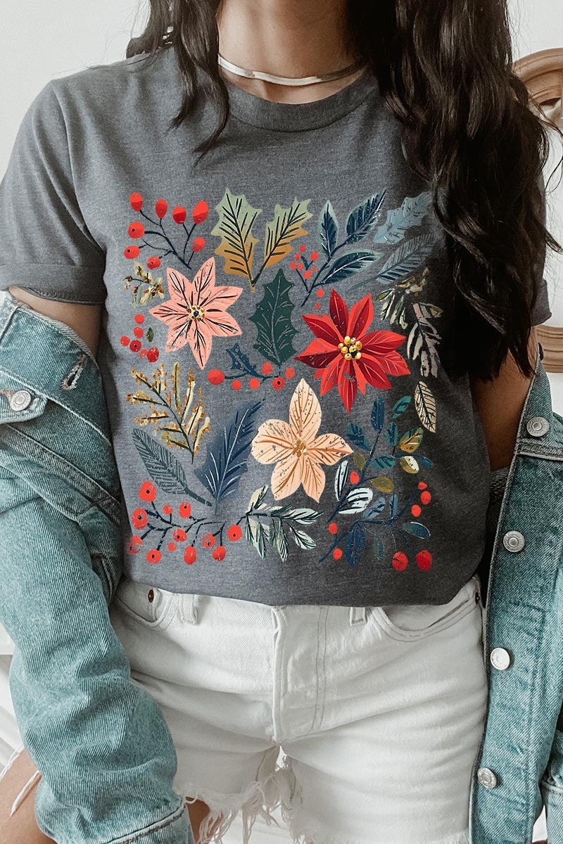US3001P-E3186 Floral Christmas Graphic Plus Tee $16
