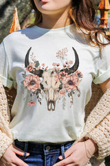 US3001P-E3113 Western Skull Floral Graphic Plus Tee $16
