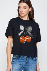 CTS-E3055 Football Cherries Graphic Relaxed Crop Top $10.5