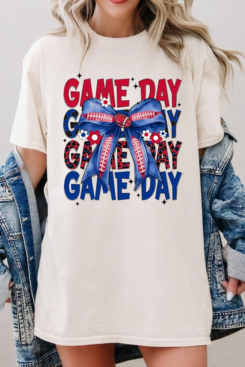 5000-E3087 Red Blue Football Game Day Bow Heavy Cotton Tee $9