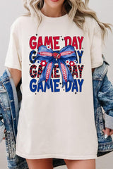 5000-E3087 Red Blue Football Game Day Bow Heavy Cotton Tee $9