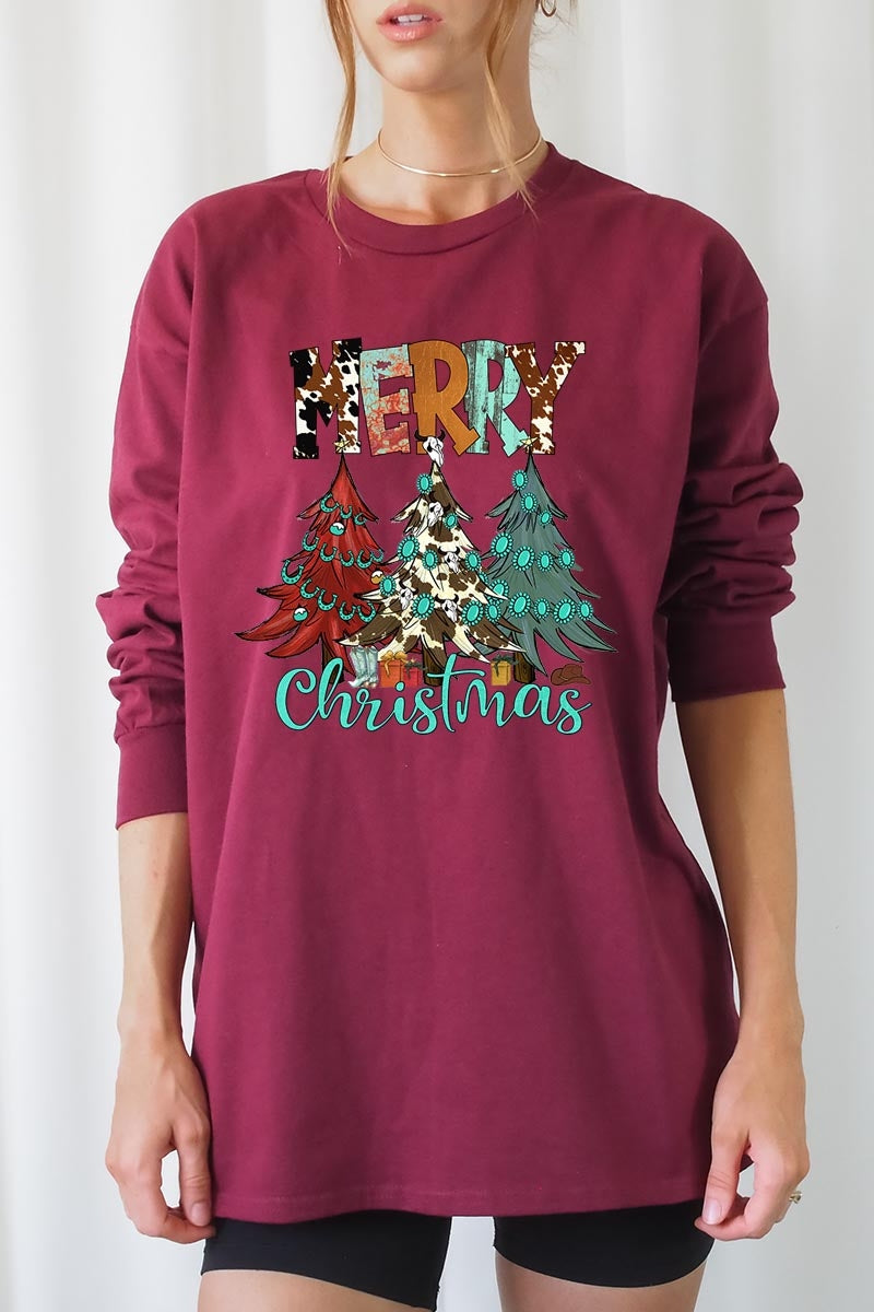 UL240-E3200 Merry Christmas Trees Graphic Long Sleeve Tee $13.75
