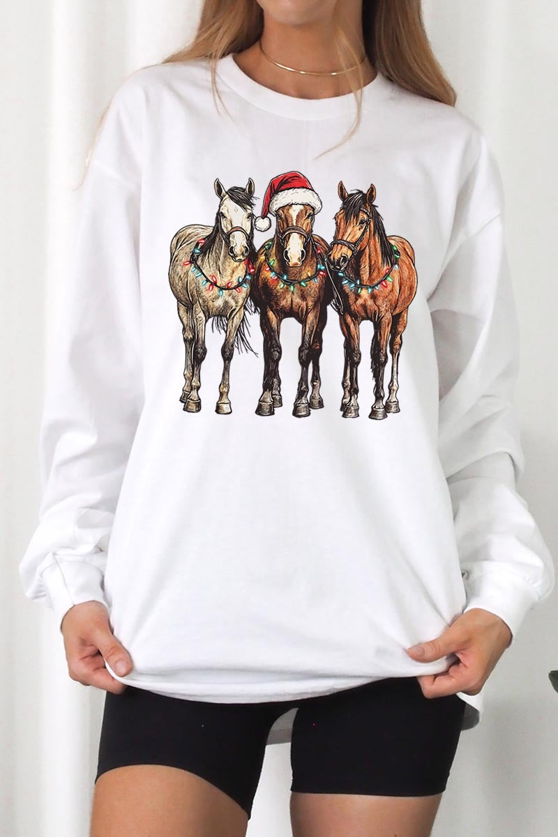 UL240-E3182 Christmas Horses Graphic Long Sleeve Tee $13.75