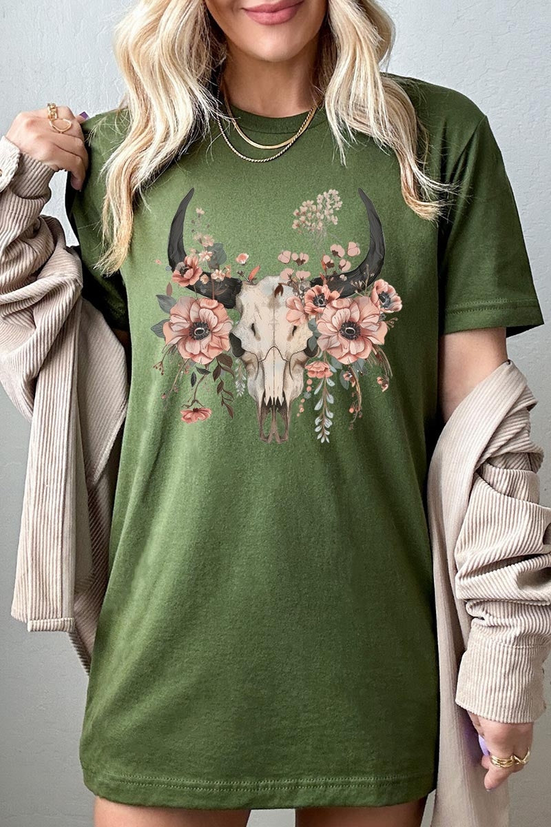US3001-E3113 Western Skull Floral Graphic Tee $12.5