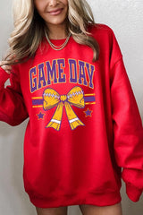 UL180-E3063 Purple Game Day Football Bow Graphic Sweatshirt $20
