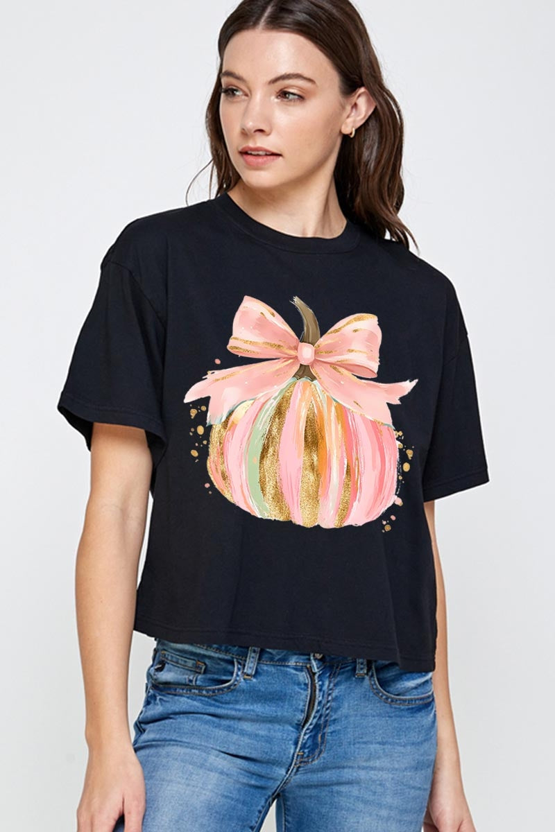 CTS-E3083 Brushstroke Pumpkin Graphic Relaxed Crop Top $11
