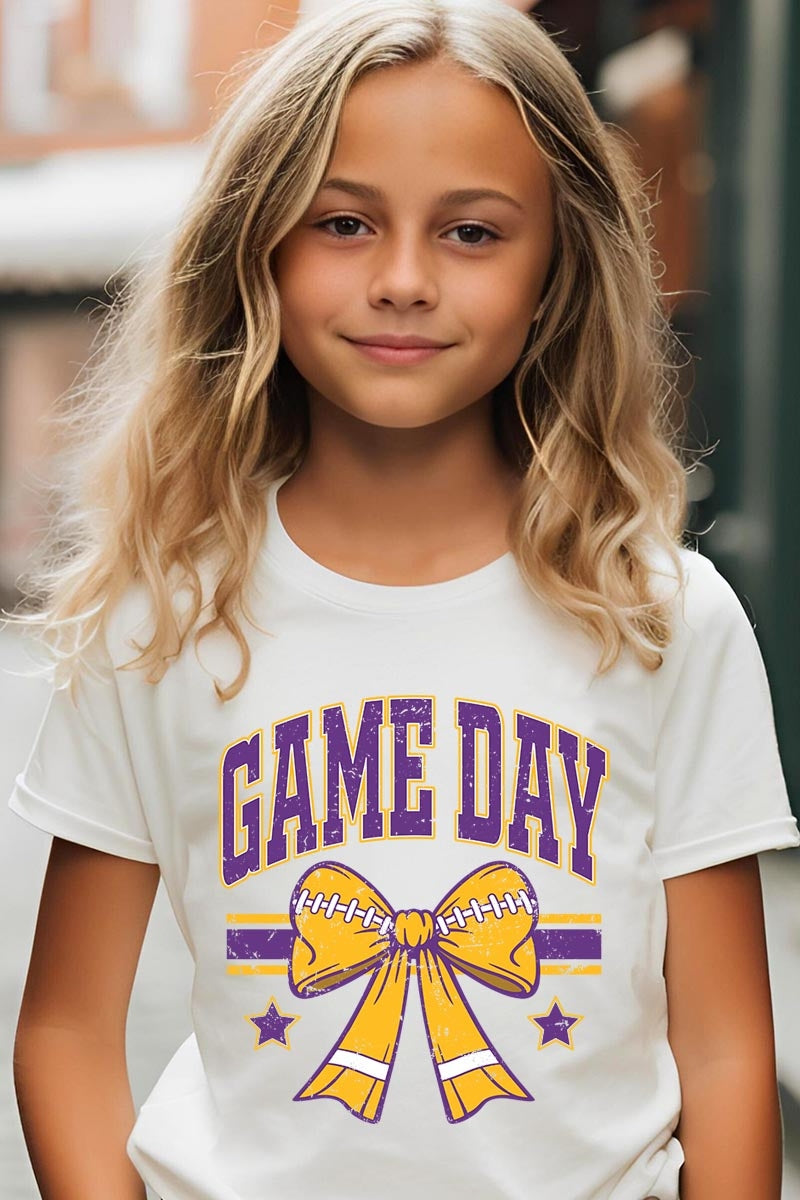 US3001Y-E3063Z Purple Game Day Football Bow Kids Graphic Tee $11