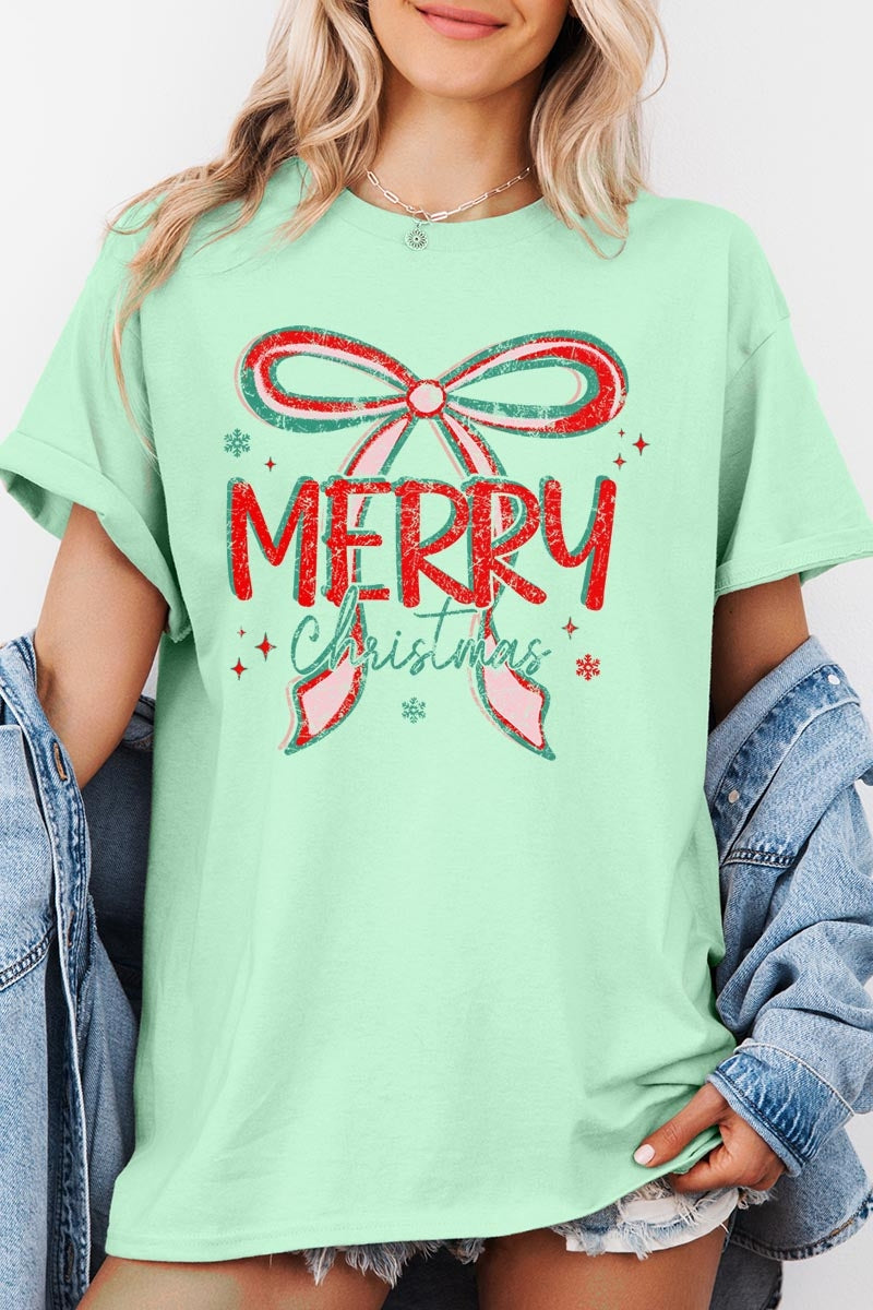 5000-E3197 Merry Christmas Bow Graphic Heavy Cotton Tee $9