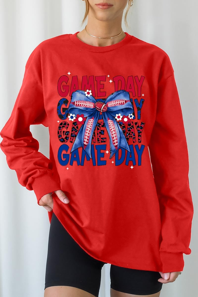 UL240-E3087 Red Blue Football Game Day Bow Long Sleeve Tee $13.75