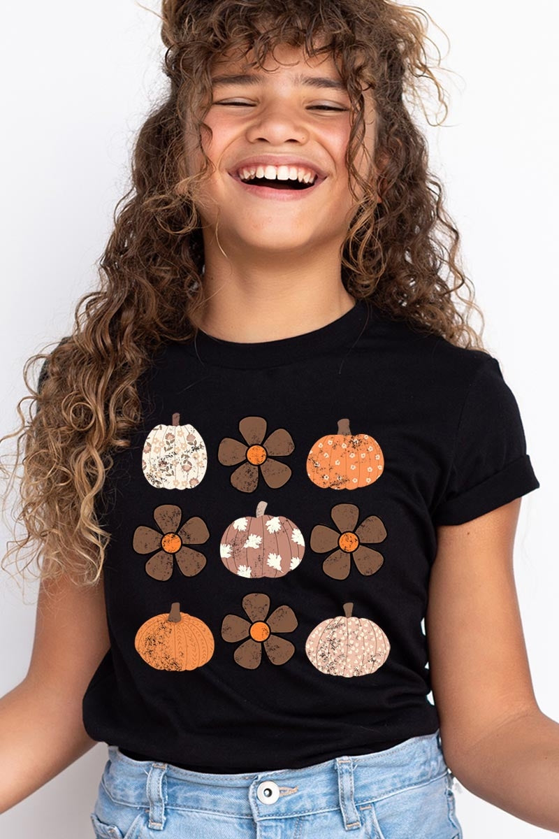 US3001Y-E3117Z Pumpkins & Flowers Fall Kids Graphic Tee $11