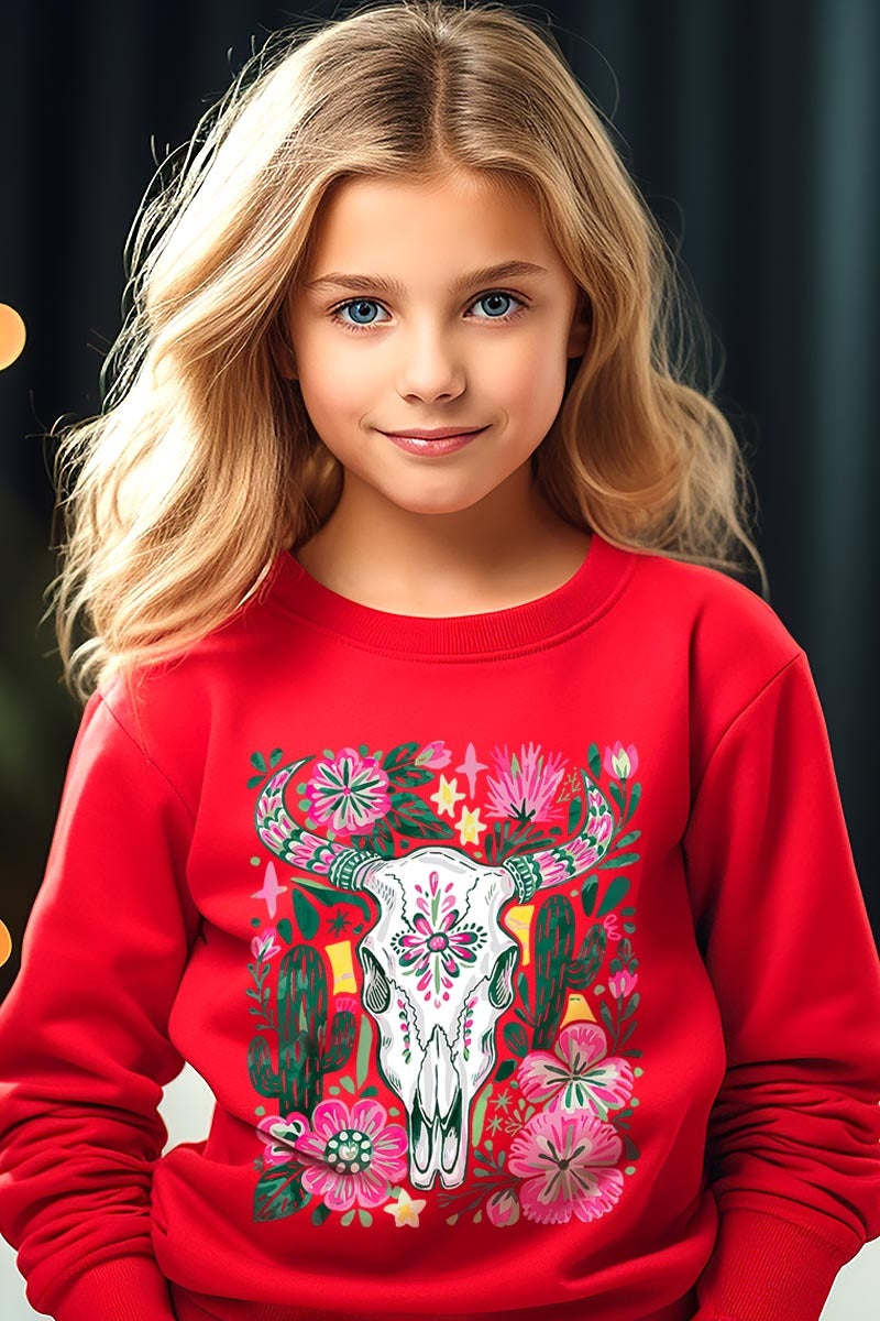 UL180B-E3086Z Western Floral Cow Skull Kids Graphic Sweatshirt $20