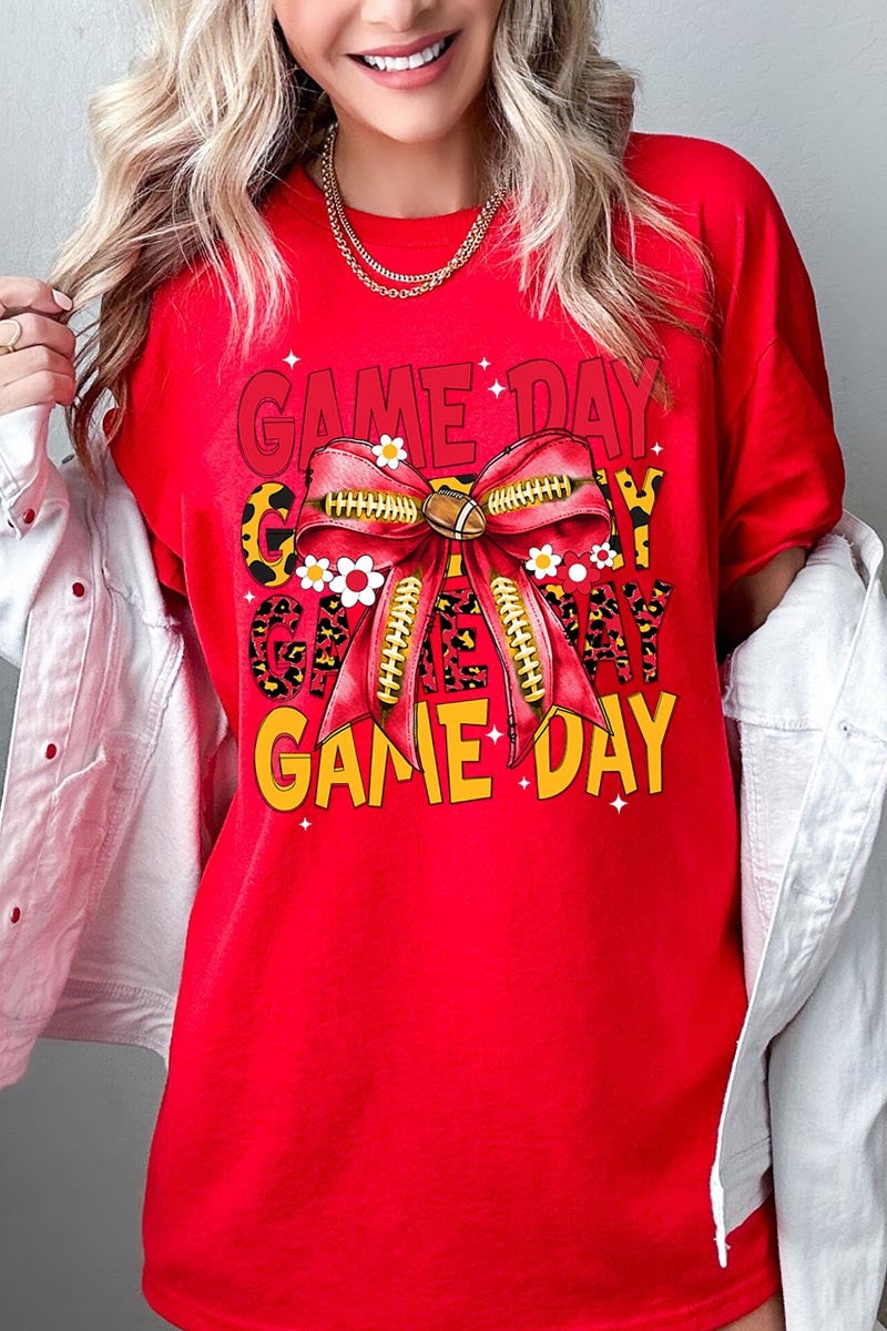 5000-E3091 Red Yellow Football Game Day Bow Heavy Cotton Tee $9