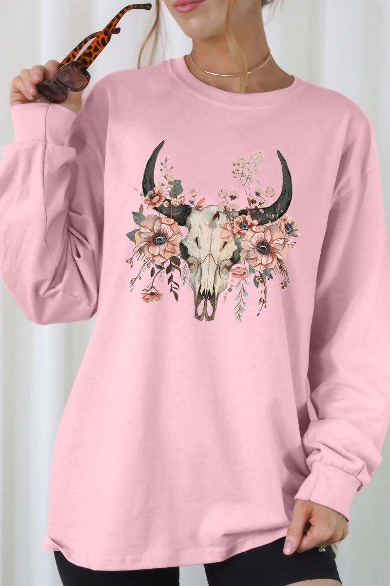 UL240P-E3113 Western Skull Floral Graphic Plus Long Sleeve Tee $17
