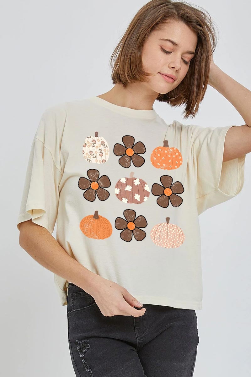 CTS-E3117 Pumpkins & Flowers Fall Graphic Relaxed Crop Top $11