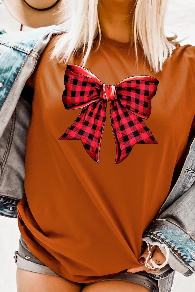 US3001-E3198 Red Buffalo Plaid Bow Graphic Tee $12.5