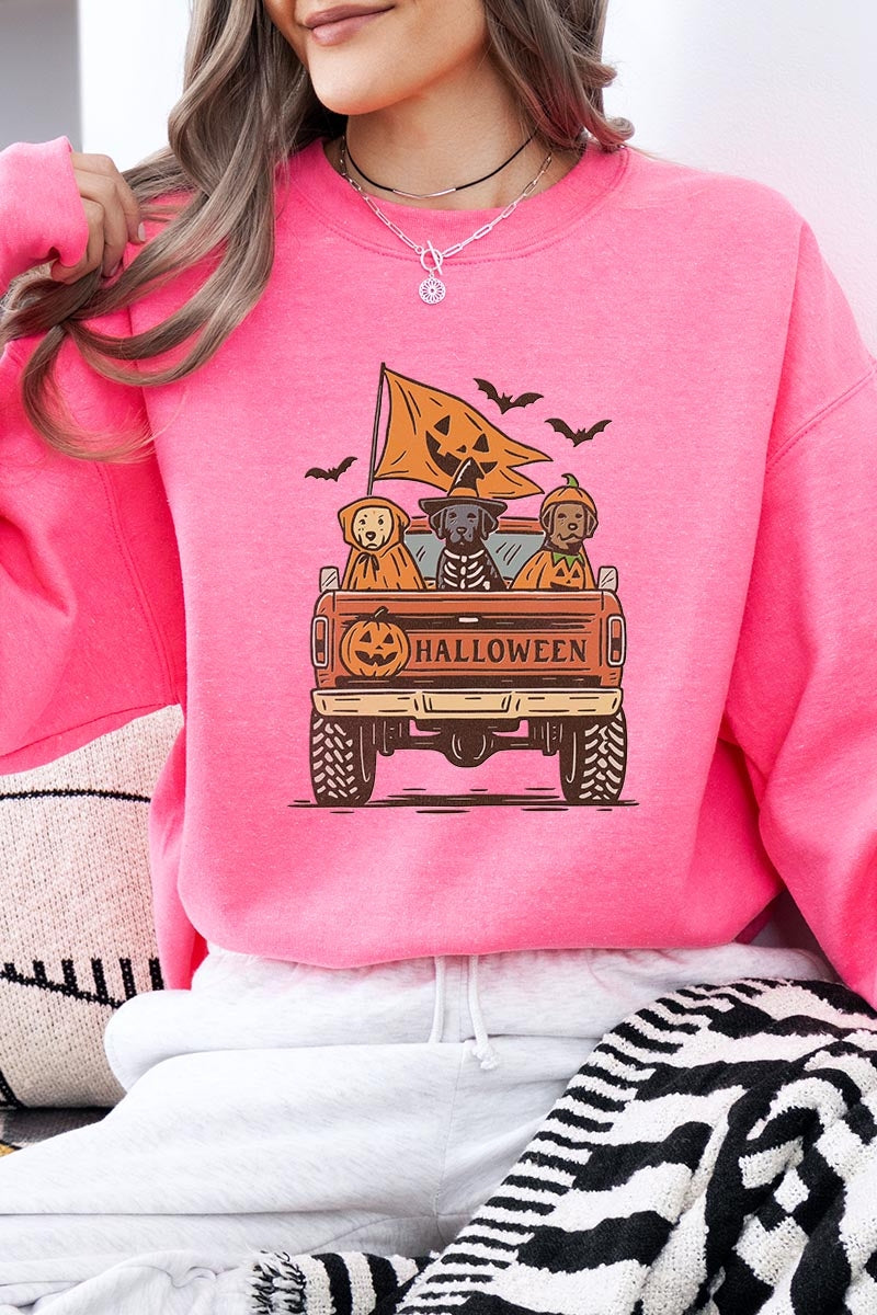 UL180P-E3150 Halloween Truck Dogs Graphic Plus Sweatshirt $25