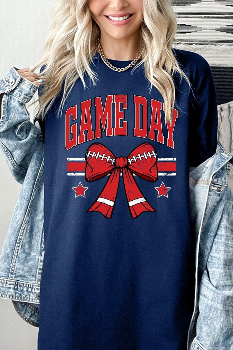 5000-E3062 Red Game Day Football Bow Graphic Heavy Cotton Tee $9