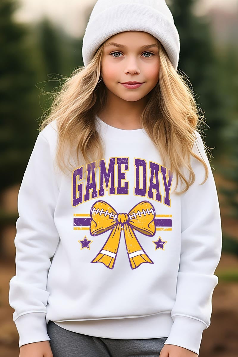 UL180B-E3063Z Purple Game Day Football Bow Kids Sweatshirt $20