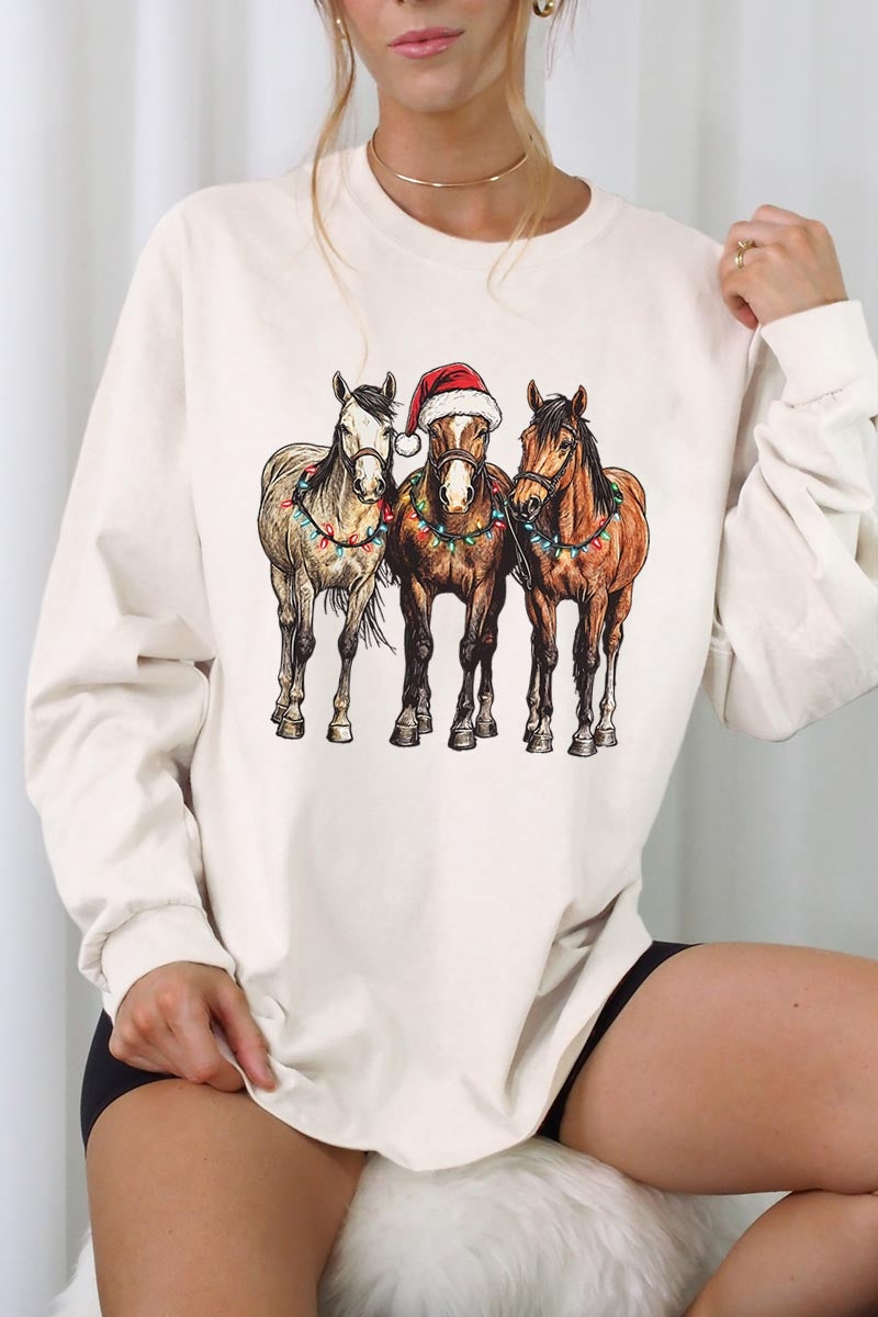UL240-E3182 Christmas Horses Graphic Long Sleeve Tee $13.75