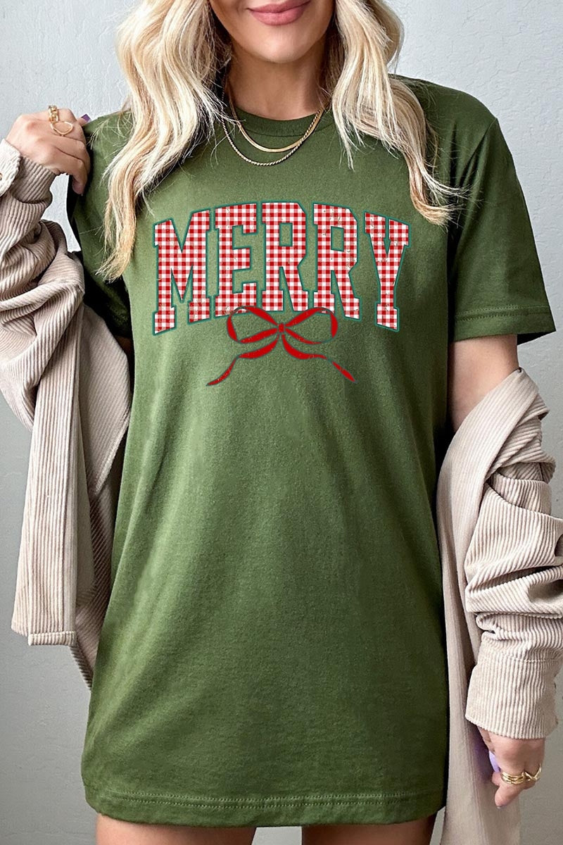 US3001-E3206 Plaid Merry Christmas Bow Graphic Tee $12.5