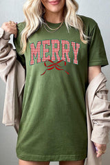 US3001-E3206 Plaid Merry Christmas Bow Graphic Tee $12.5