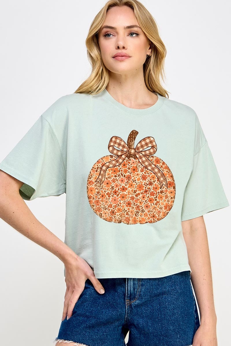 CTS-E3135 Floral Fall Pumpkin Graphic Relaxed Crop Top $11