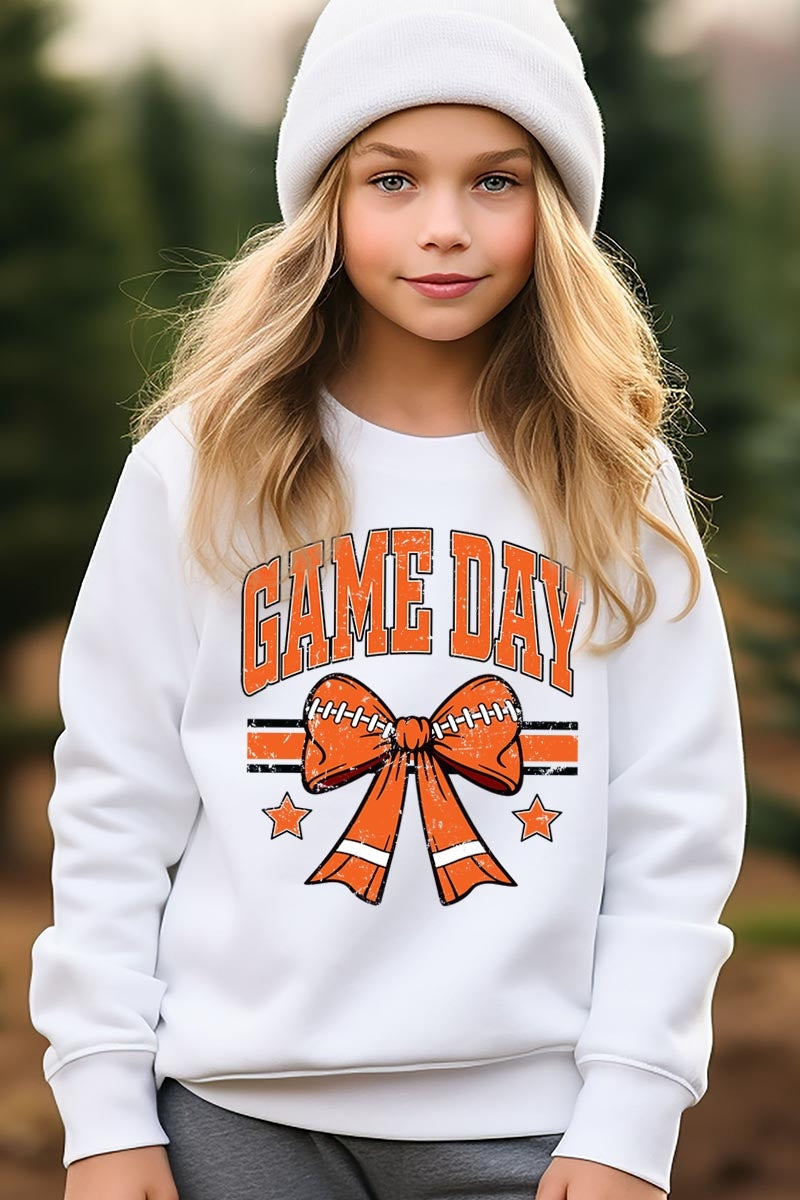 UL180B-E3064Z Orange Game Day Football Bow Kids Sweatshirt $20