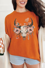 5000P-E3113 Western Skull Floral Graphic Plus Heavy Cotton Tee $12.75
