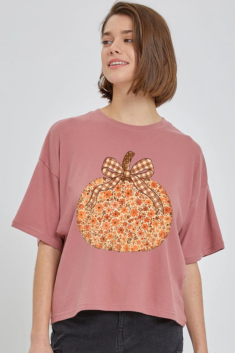 CTS-E3135 Floral Fall Pumpkin Graphic Relaxed Crop Top $11