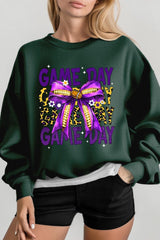 UL180P-E3092 Purple Yellow Football GameDay Bow Plus Sweatshirt $25