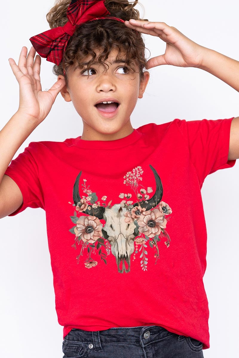 US3001Y-E3113Z Western Skull Floral Kids Graphic Tee $11