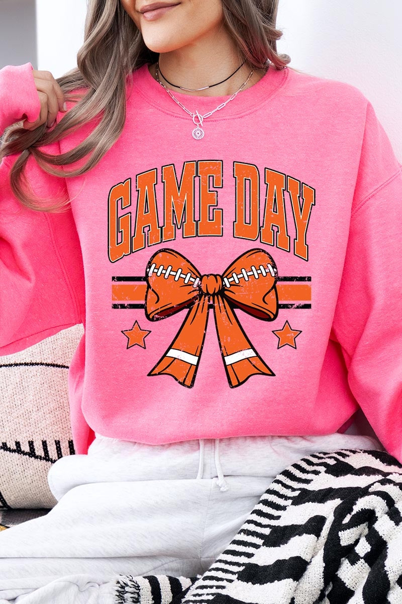 UL180P-E3064 Orange Game Day Football Bow Plus Sweatshirt $25