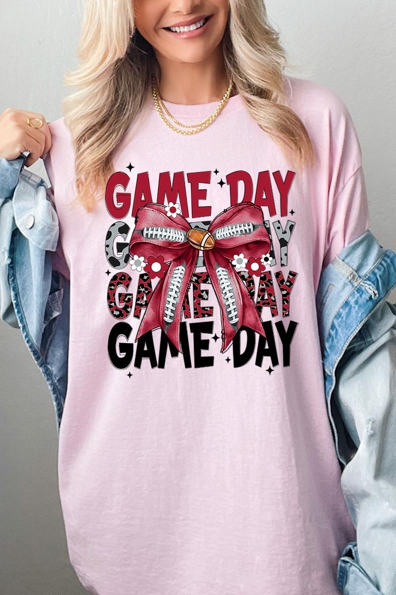 5000P-E3093 Red Silver Football Bow Plus Heavy Cotton Tee $12.75