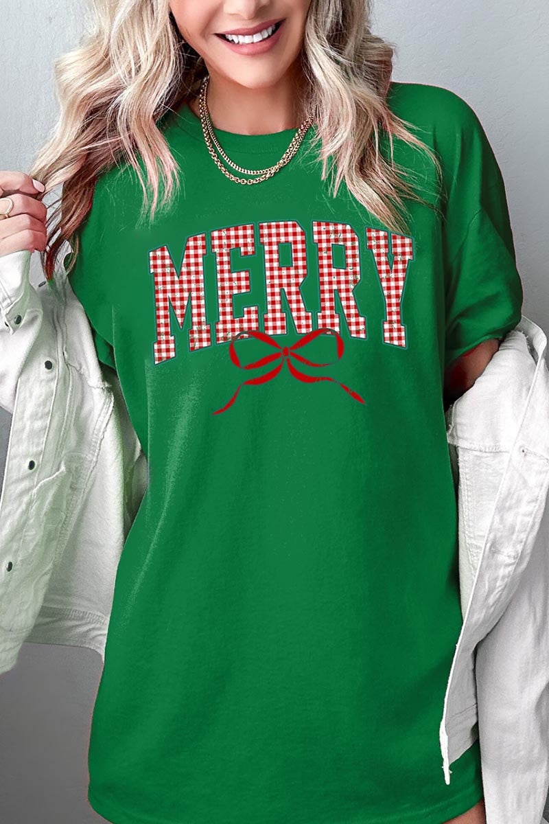 5000P-E3206 Plaid Merry Christmas Bow Graphic Plus Heavy Cotton Tee $12.75
