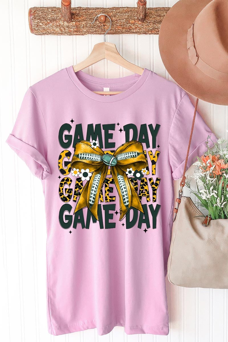 US3001-E3090 Yellow Football Game Day Bow Graphic Tee $12.5