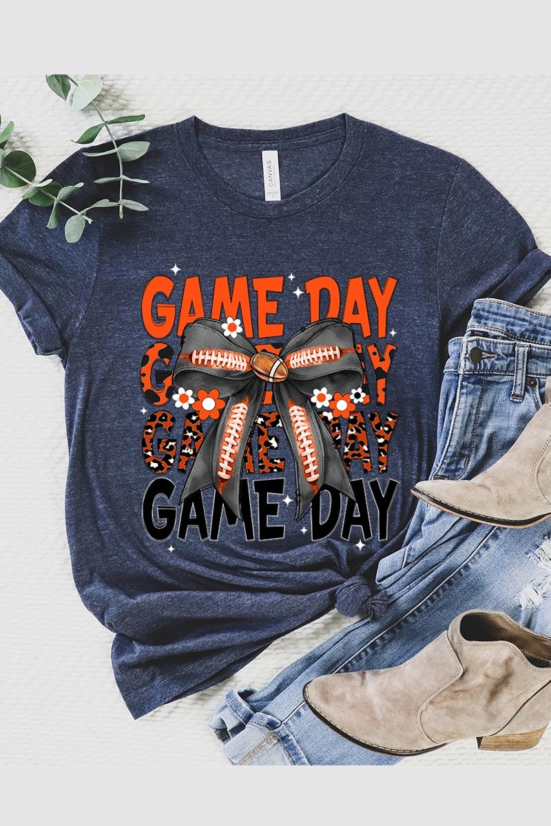 US3001P-E3088 Orange Black Football Game Day Bow Plus Tee $16