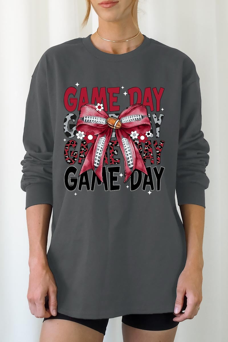 UL240-E3093 Red Silver Football Game Day Bow Long Sleeve Tee $13.75