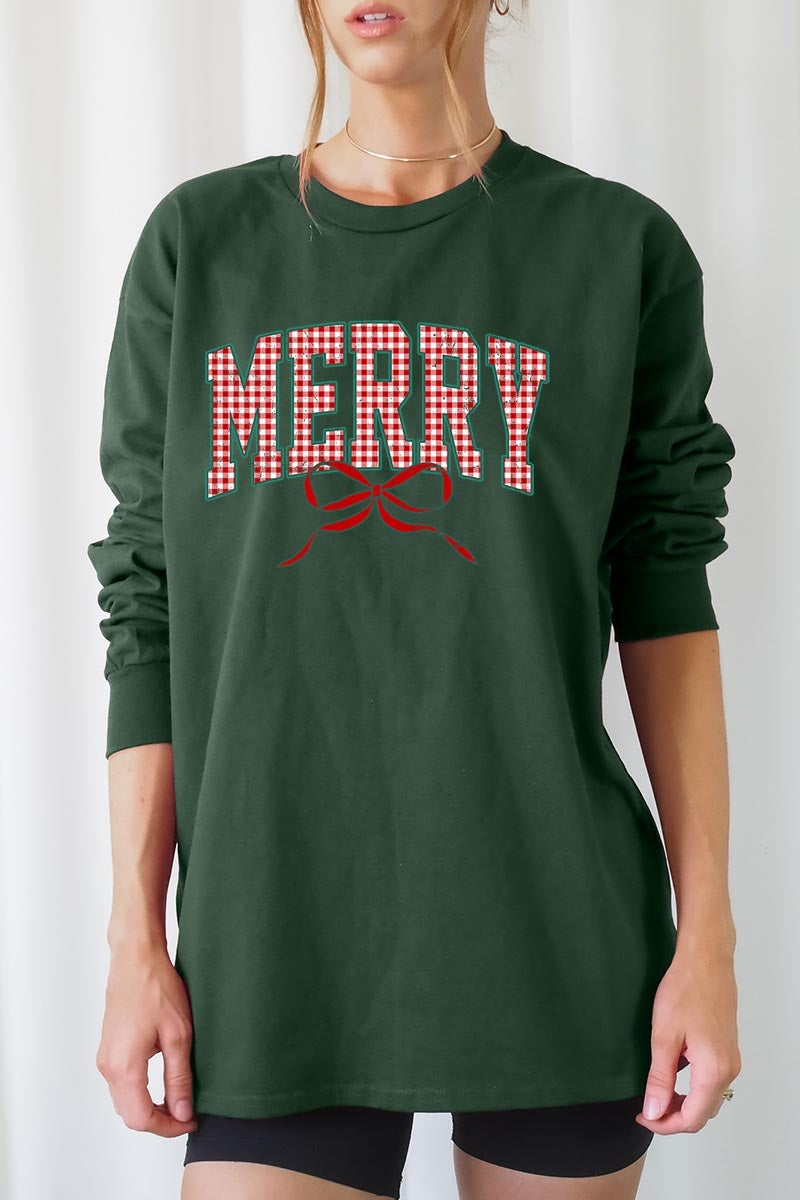 UL240-E3206 Plaid Merry Christmas Bow Graphic Long Sleeve Tee $13.75