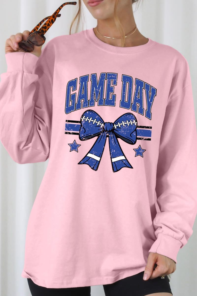 UL240-E3065 Blue Game Day Football Bow Graphic Long Sleeve Tee $13.75