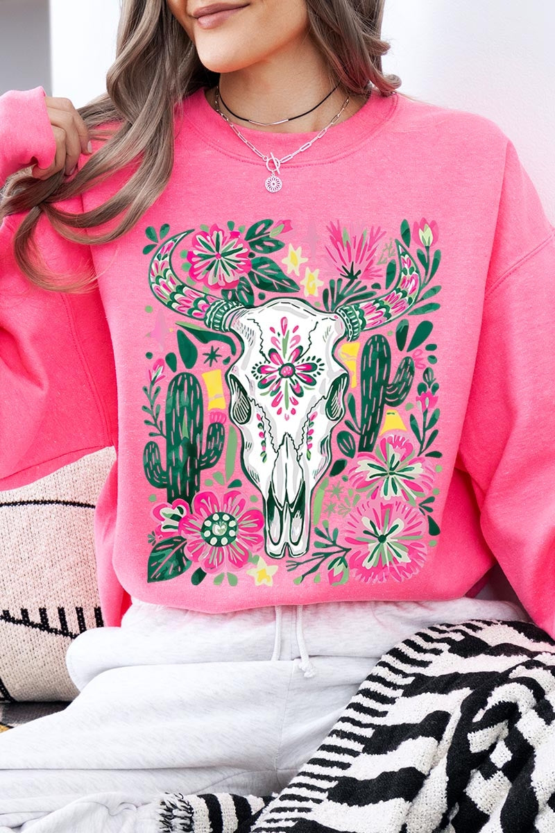 UL180P-E3086 Western Floral Cow Skull Graphic Plus Sweatshirt $25
