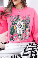 UL180P-E3086 Western Floral Cow Skull Graphic Plus Sweatshirt $25