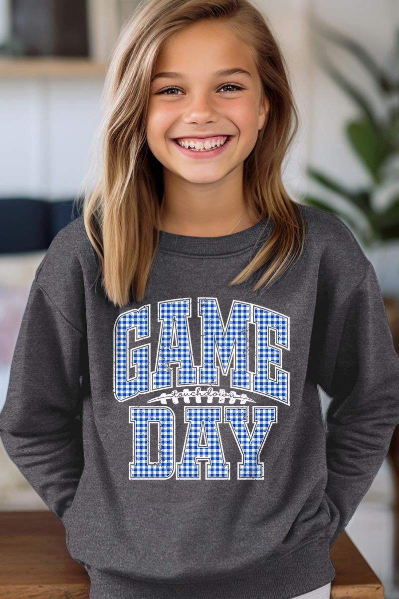 UL180B-E3130Z Blue Gingham Game Day Kids Graphic Sweatshirt $20